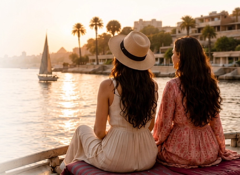 Two women travelers enjoying golden hour by the Nile